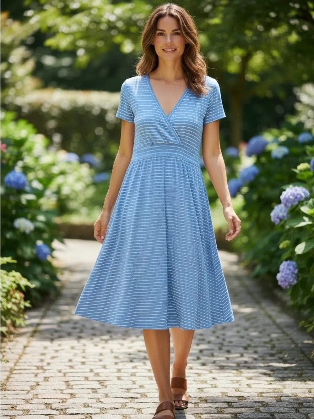 L.L. Bean Blue Striped V-Neck Midi Dress - Picture 1 of 5